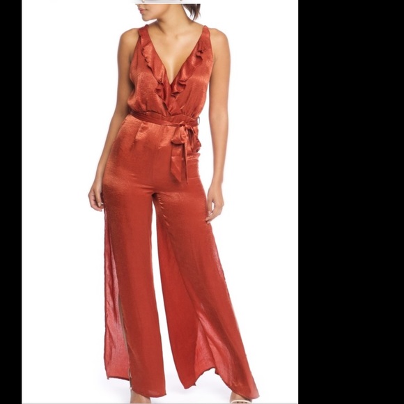 CANDLESFASHIONHOUSE Pants - V-Neck Ruffle Satin Women's Jumpsuit